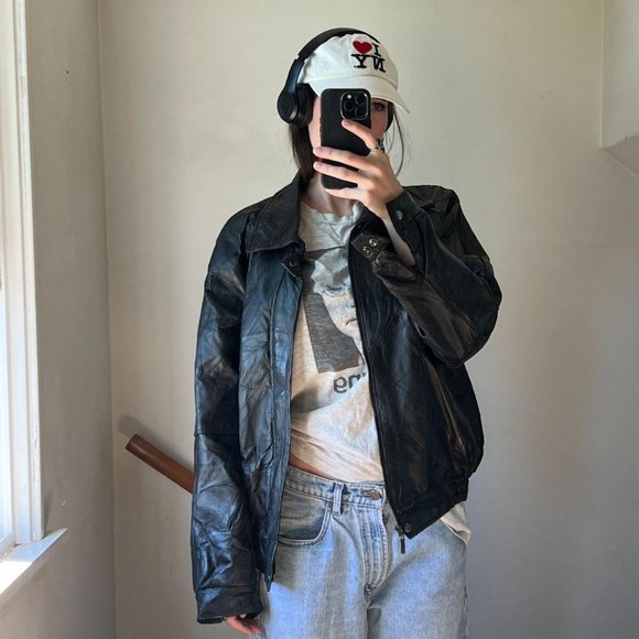 Jackets & Blazers - Vintage Black Leather Bomber Jacket Oversized Patchwork Boyfriend Biker Moto